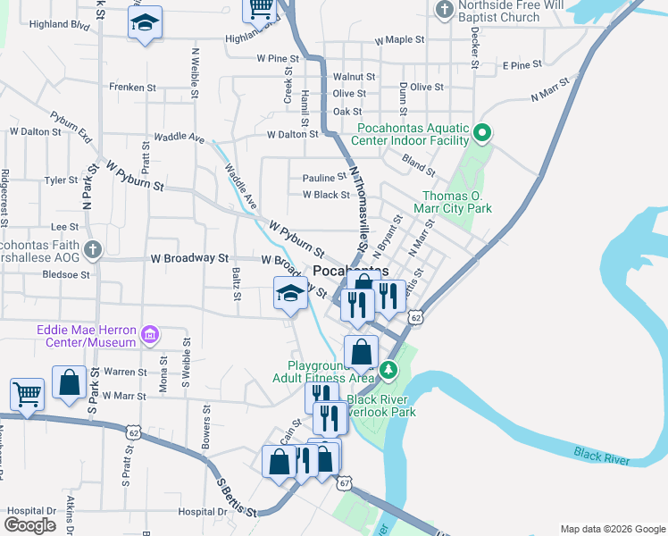 map of restaurants, bars, coffee shops, grocery stores, and more near in Pocahontas