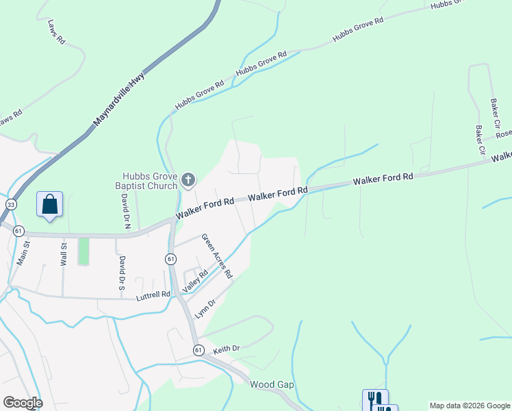 map of restaurants, bars, coffee shops, grocery stores, and more near 106 Ravyn's Way in Maynardville