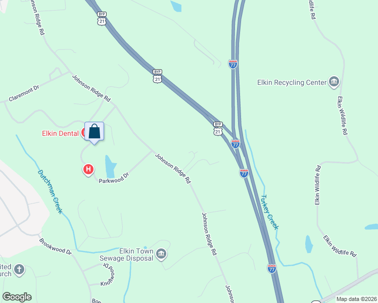 map of restaurants, bars, coffee shops, grocery stores, and more near 101 Western Hills Court in Elkin