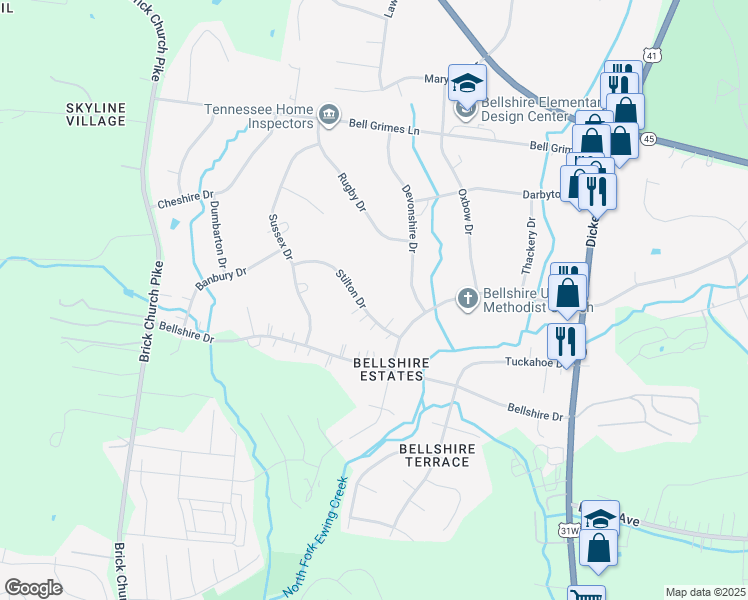 map of restaurants, bars, coffee shops, grocery stores, and more near 3917 Stilton Drive in Nashville