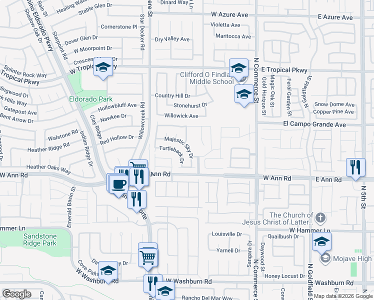 map of restaurants, bars, coffee shops, grocery stores, and more near 637 Majestic Sky in North Las Vegas