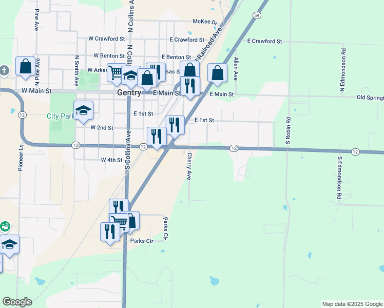 map of restaurants, bars, coffee shops, grocery stores, and more near 695 East 3rd Street in Gentry