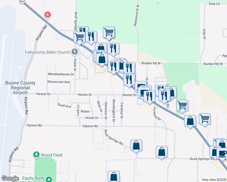 map of restaurants, bars, coffee shops, grocery stores, and more near 1412 High Way 62 in Harrison