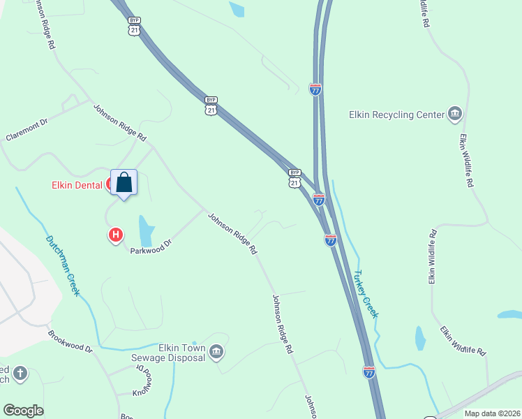 map of restaurants, bars, coffee shops, grocery stores, and more near 101 Western Hills Court in Elkin