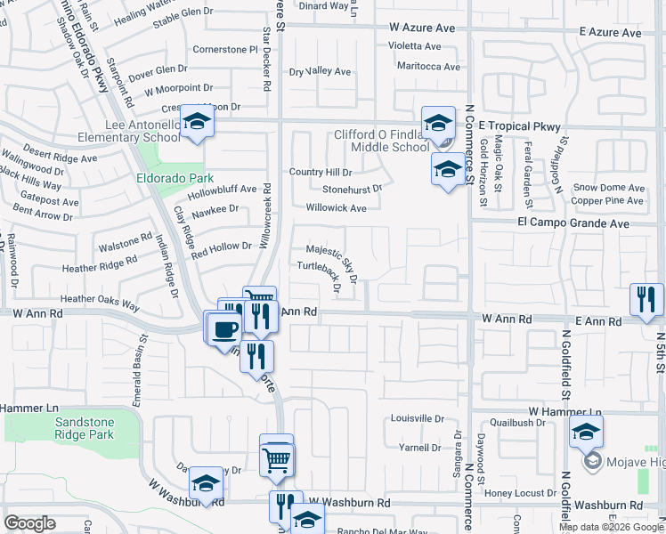 map of restaurants, bars, coffee shops, grocery stores, and more near 658 Turtleback Drive in North Las Vegas