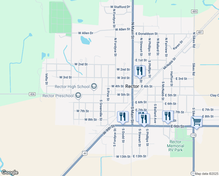 map of restaurants, bars, coffee shops, grocery stores, and more near 302 West 4th Street in Rector
