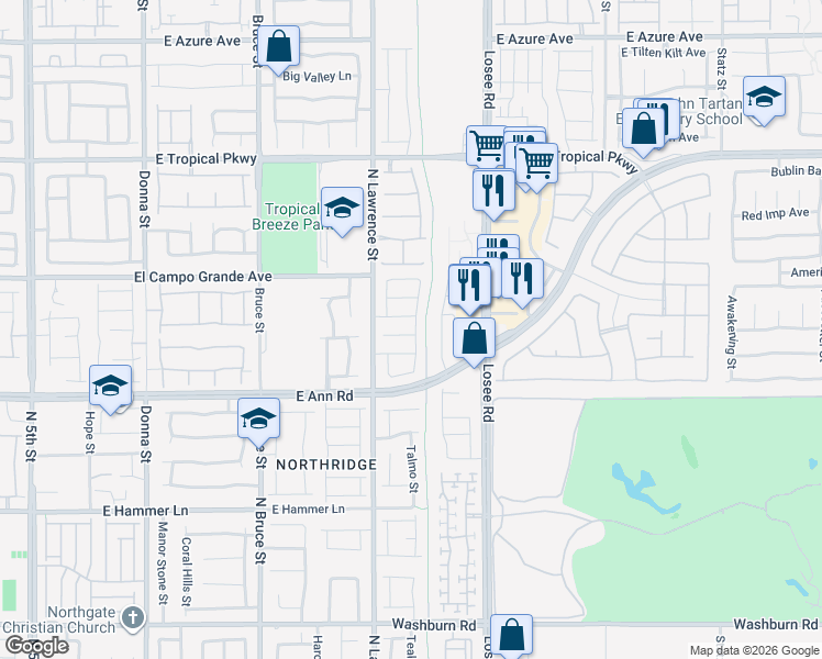 map of restaurants, bars, coffee shops, grocery stores, and more near 2102 Johnstown Avenue in North Las Vegas