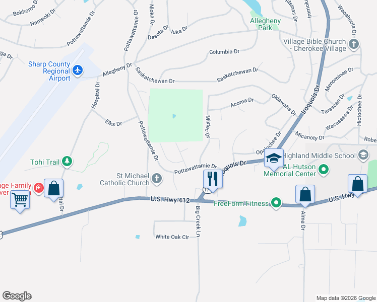 map of restaurants, bars, coffee shops, grocery stores, and more near 4 Miccosukee Circle in Cherokee Village