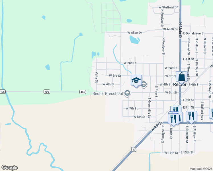 map of restaurants, bars, coffee shops, grocery stores, and more near 1108 West 4th Street in Rector