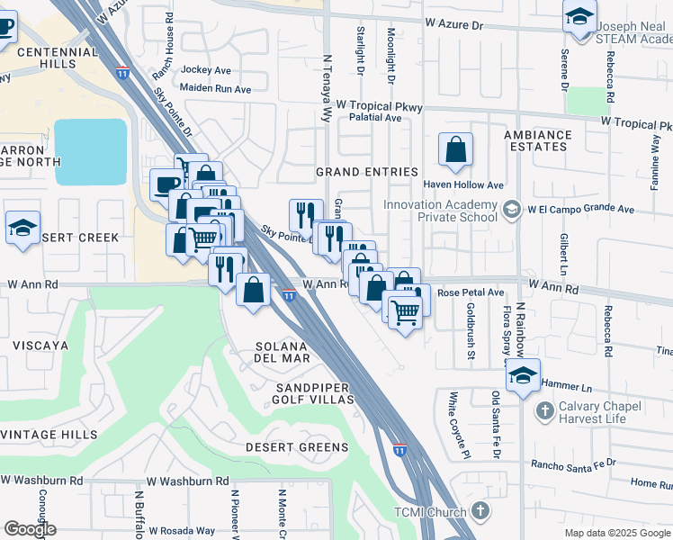 map of restaurants, bars, coffee shops, grocery stores, and more near 5601 North Tenaya Way in Las Vegas