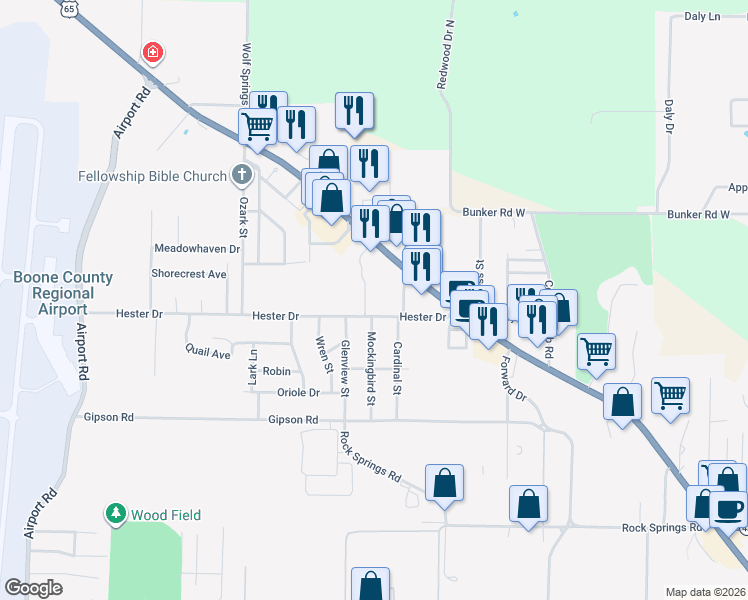 map of restaurants, bars, coffee shops, grocery stores, and more near 1412 High Way 62 in Harrison
