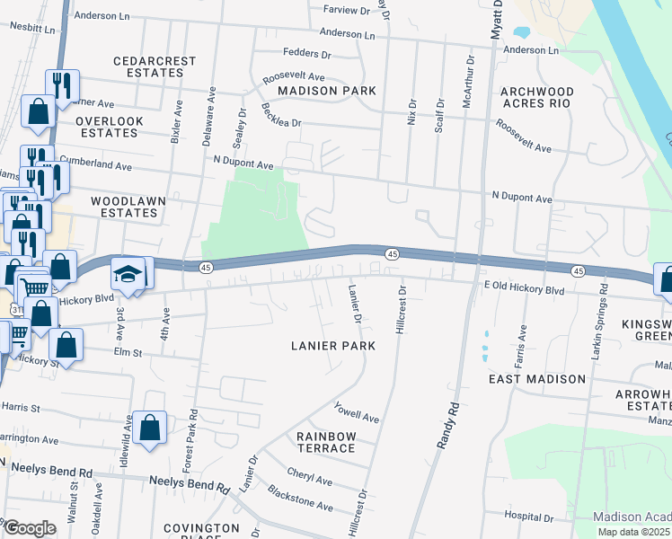 map of restaurants, bars, coffee shops, grocery stores, and more near 649 East Old Hickory Boulevard in Nashville