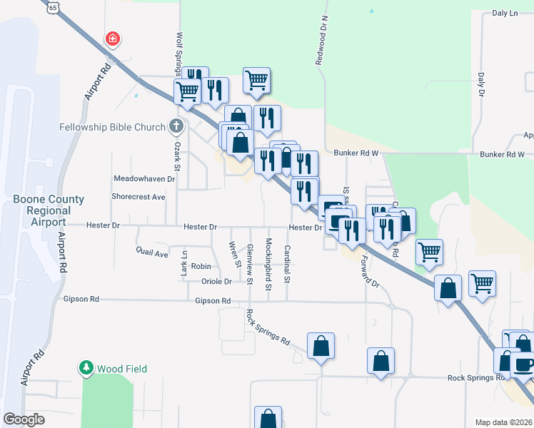 map of restaurants, bars, coffee shops, grocery stores, and more near 1412 High Way 62 in Harrison