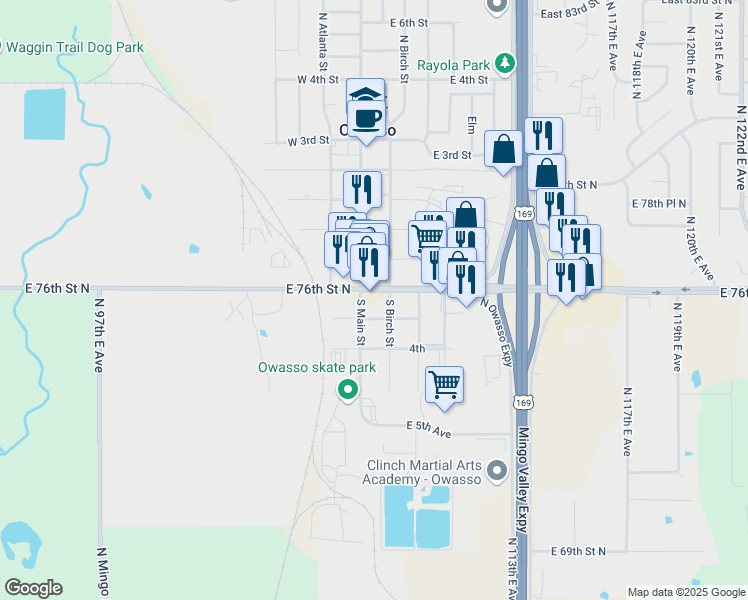 map of restaurants, bars, coffee shops, grocery stores, and more near 104 East 2nd Avenue in Owasso