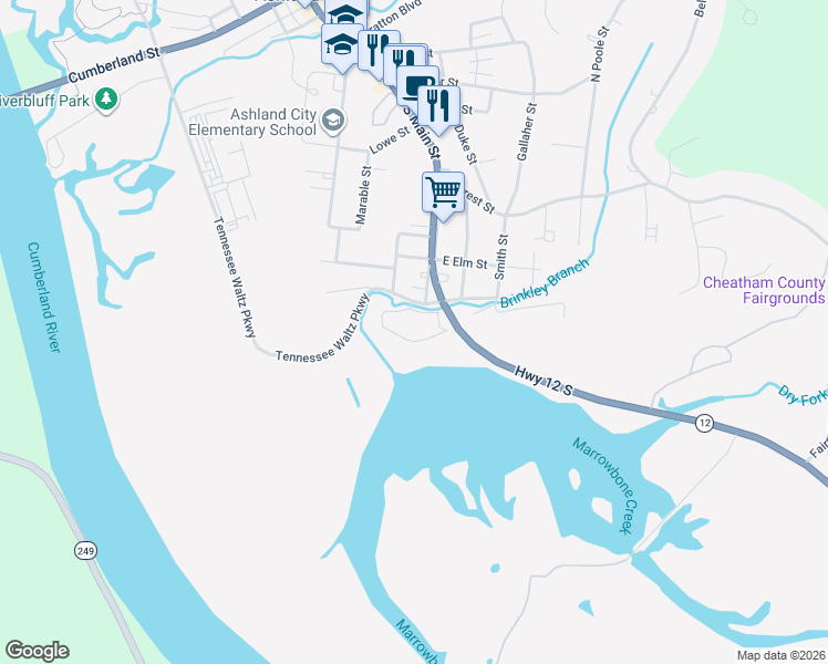 map of restaurants, bars, coffee shops, grocery stores, and more near 124 Hibiscus Drive in Ashland City