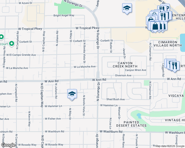 map of restaurants, bars, coffee shops, grocery stores, and more near 5653 Mystical Knight Court in Las Vegas