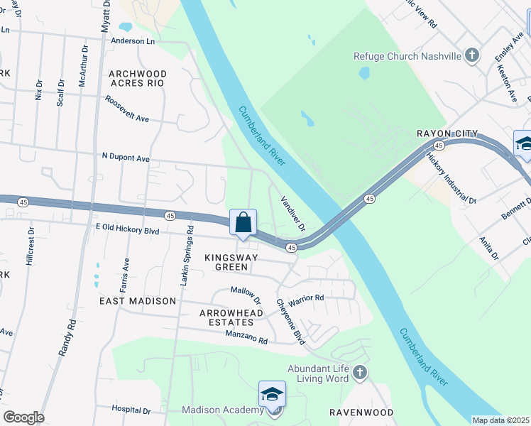 map of restaurants, bars, coffee shops, grocery stores, and more near 124 Rio Vista Drive in Nashville