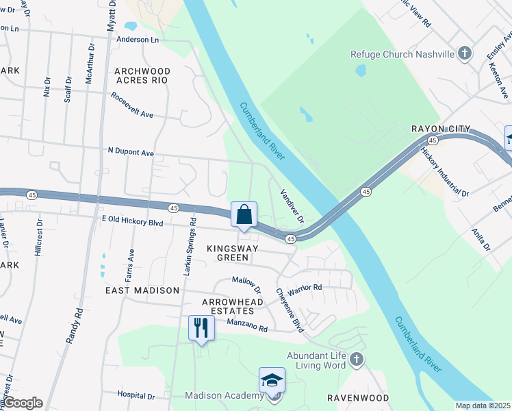 map of restaurants, bars, coffee shops, grocery stores, and more near 124 Rio Vista Drive in Nashville