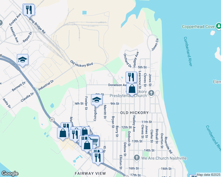 map of restaurants, bars, coffee shops, grocery stores, and more near 1201 Donelson Avenue in Nashville