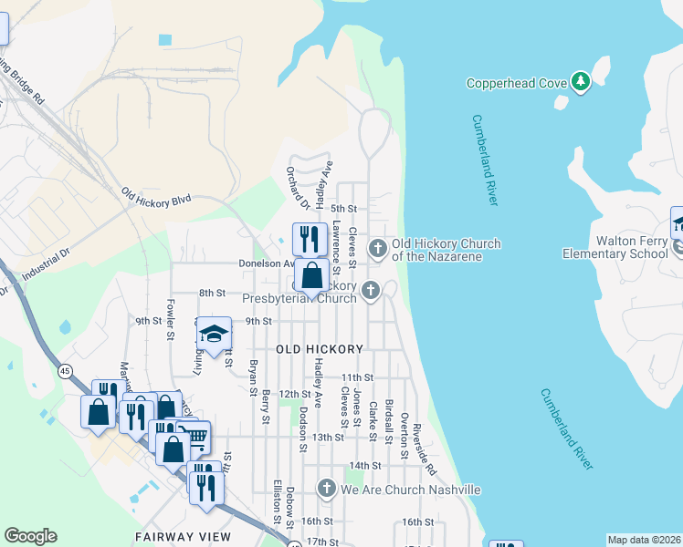 map of restaurants, bars, coffee shops, grocery stores, and more near 703 Lawrence Street in Nashville