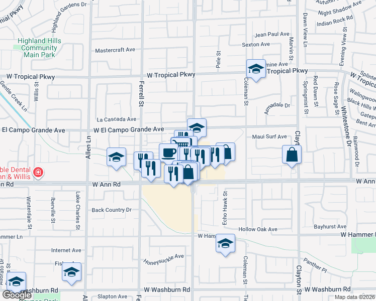 map of restaurants, bars, coffee shops, grocery stores, and more near 2915 Paradise Hill Court in North Las Vegas