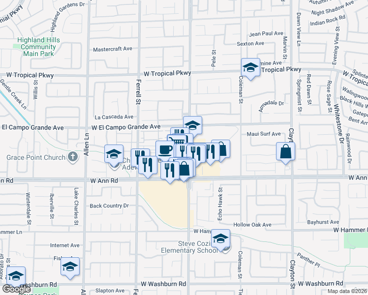 map of restaurants, bars, coffee shops, grocery stores, and more near 2916 Paradise Hill Court in North Las Vegas