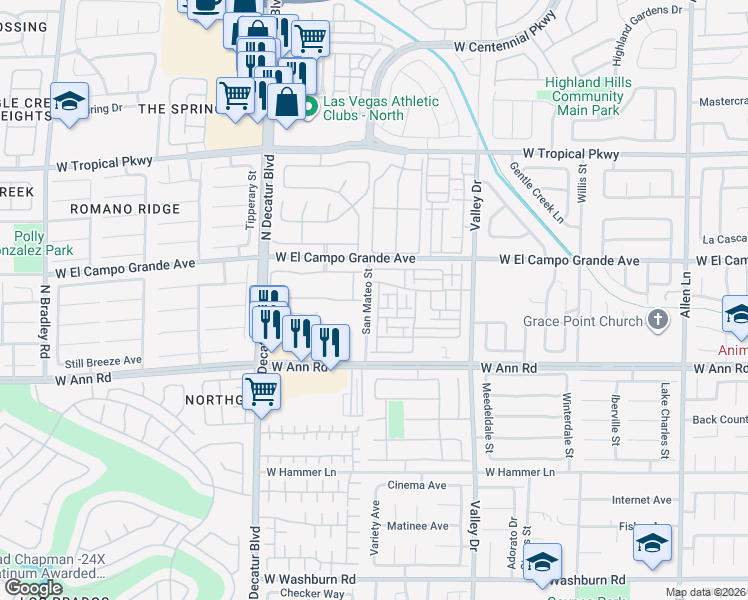 map of restaurants, bars, coffee shops, grocery stores, and more near 5716 Bullhead Street in North Las Vegas