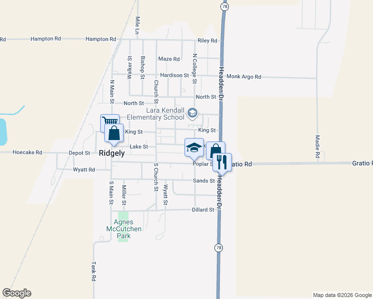 map of restaurants, bars, coffee shops, grocery stores, and more near 521 Lake St in Ridgely