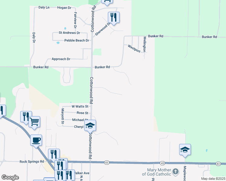 map of restaurants, bars, coffee shops, grocery stores, and more near 109 Prairie Drive in Harrison