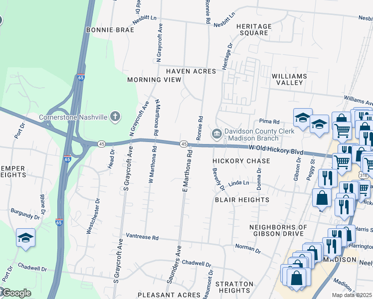 map of restaurants, bars, coffee shops, grocery stores, and more near 100 East Marthona Road in Nashville