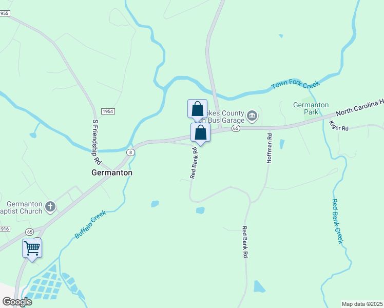 map of restaurants, bars, coffee shops, grocery stores, and more near 1134 Red Bank Road in Germanton