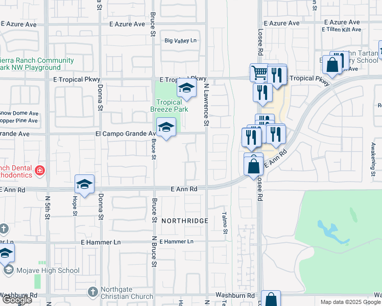 map of restaurants, bars, coffee shops, grocery stores, and more near 5716 Blizzard Breeze Street in North Las Vegas