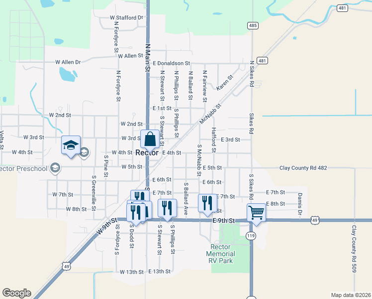 map of restaurants, bars, coffee shops, grocery stores, and more near 401 East 4th Street in Rector