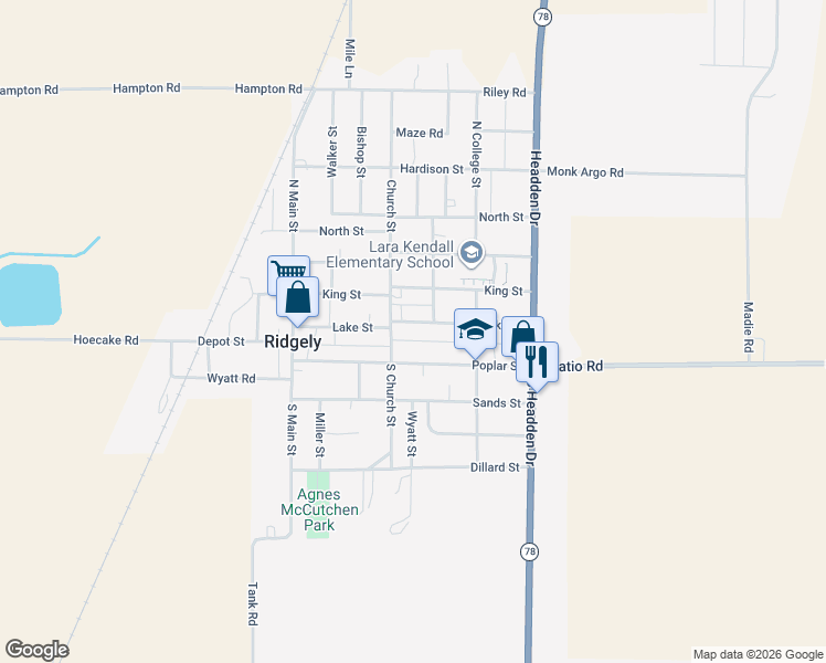 map of restaurants, bars, coffee shops, grocery stores, and more near 423 Lake Street in Ridgely
