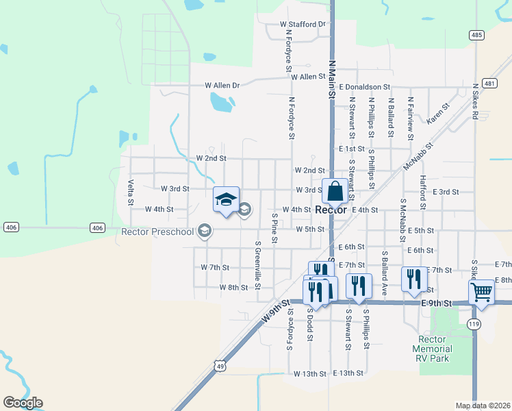 map of restaurants, bars, coffee shops, grocery stores, and more near 315 South Greenville Street in Rector