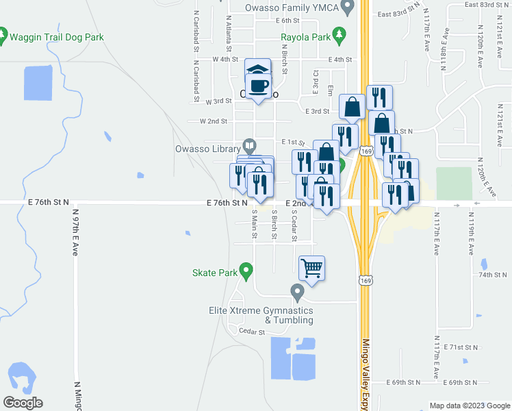 map of restaurants, bars, coffee shops, grocery stores, and more near 104 East 2nd Avenue in Owasso