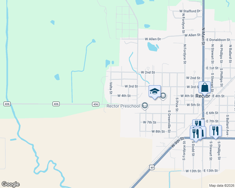 map of restaurants, bars, coffee shops, grocery stores, and more near 1108 West 4th Street in Rector