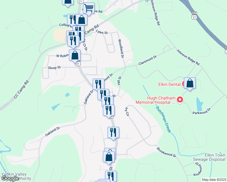 map of restaurants, bars, coffee shops, grocery stores, and more near 102 Auburn Avenue in Elkin