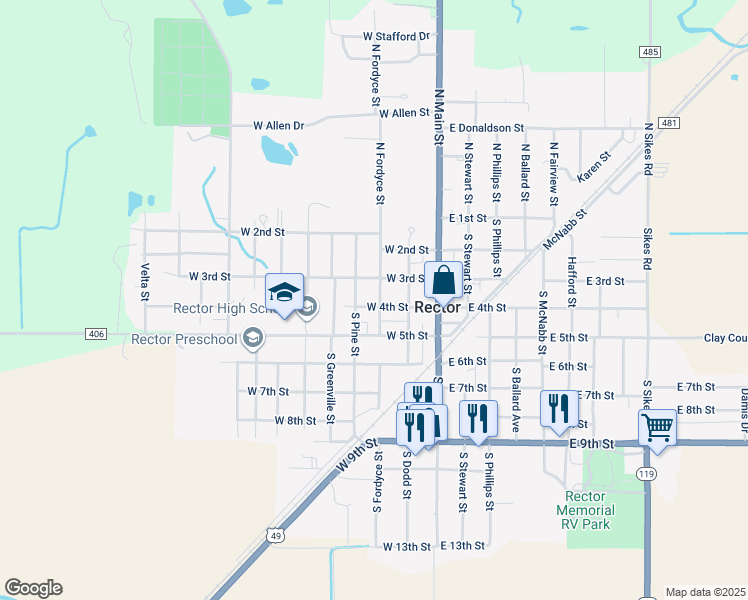 map of restaurants, bars, coffee shops, grocery stores, and more near 302 West 4th Street in Rector