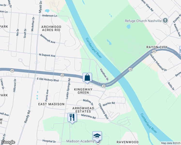 map of restaurants, bars, coffee shops, grocery stores, and more near 124 Rio Vista Drive in Nashville