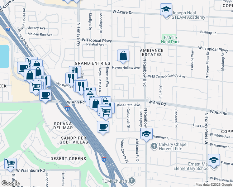 map of restaurants, bars, coffee shops, grocery stores, and more near 5628 Foxglove Fields Street in Las Vegas