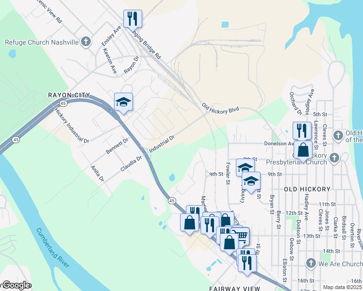 map of restaurants, bars, coffee shops, grocery stores, and more near 930 Industrial Drive in Nashville