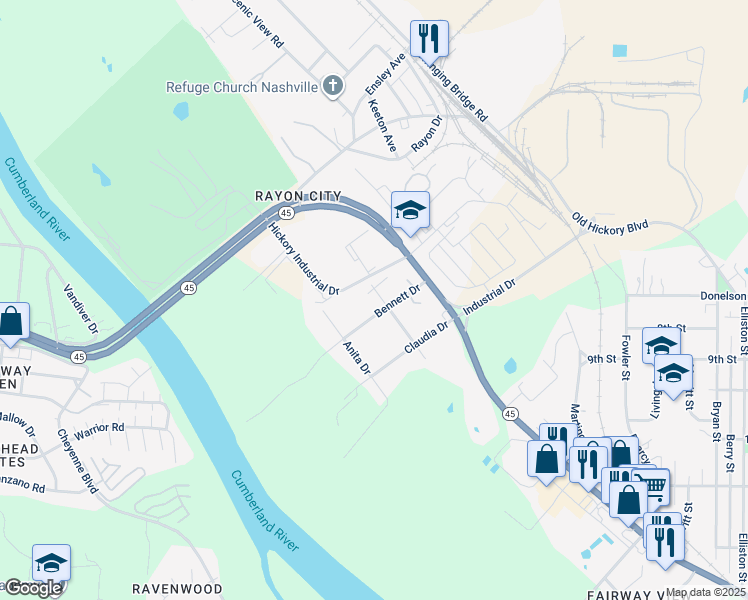 map of restaurants, bars, coffee shops, grocery stores, and more near 814 Bettie Drive in Nashville