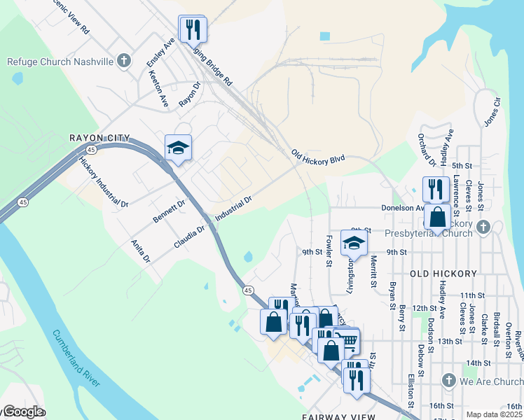 map of restaurants, bars, coffee shops, grocery stores, and more near 930 Industrial Drive in Nashville