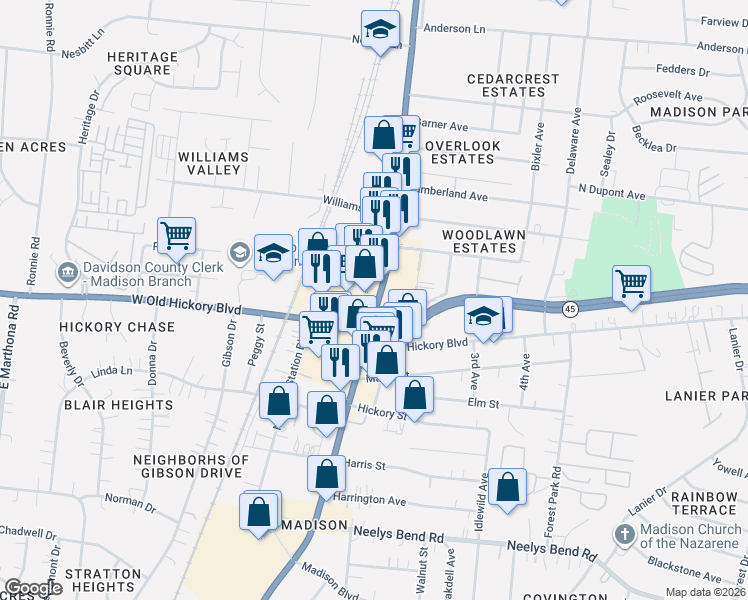 map of restaurants, bars, coffee shops, grocery stores, and more near 135 Gallatin Pike N in Madison