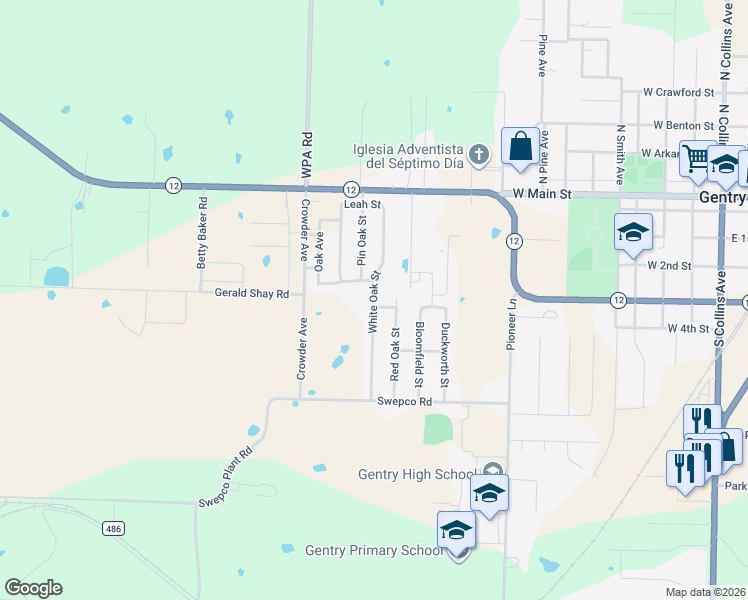 map of restaurants, bars, coffee shops, grocery stores, and more near 404 White Oak Street in Gentry