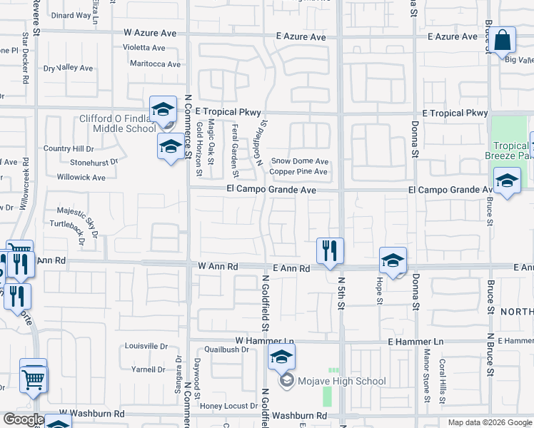 map of restaurants, bars, coffee shops, grocery stores, and more near 5612 Red Cedar Street in North Las Vegas