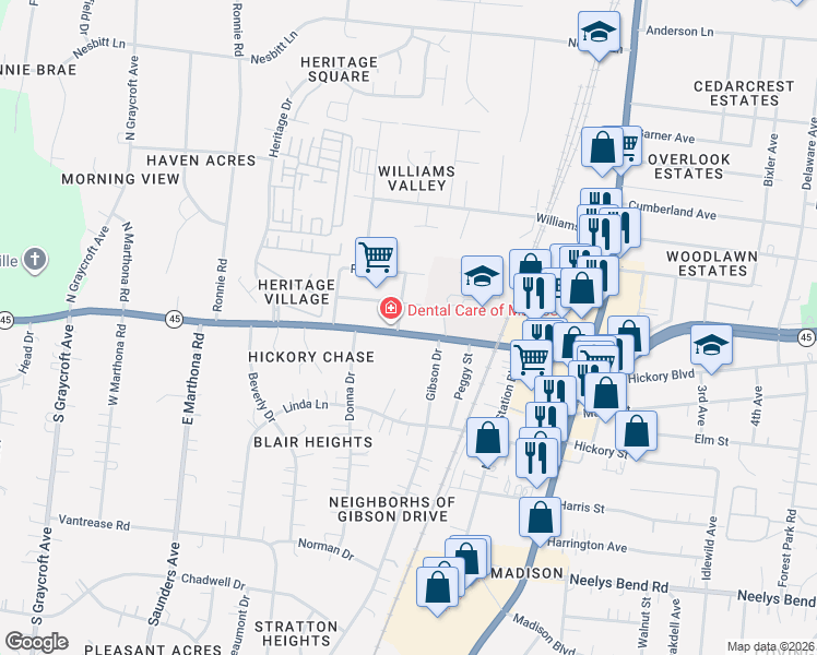map of restaurants, bars, coffee shops, grocery stores, and more near 414 Tennessee 45 in Nashville