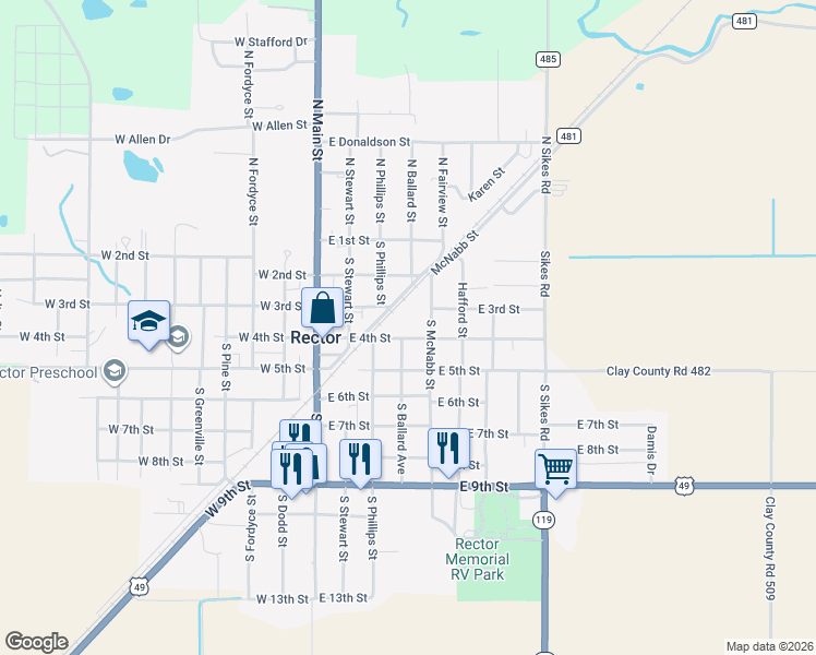 map of restaurants, bars, coffee shops, grocery stores, and more near 401 East 4th Street in Rector