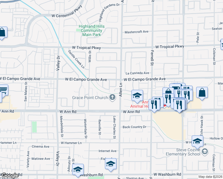 map of restaurants, bars, coffee shops, grocery stores, and more near 5718 Montezuma Creek Street in North Las Vegas